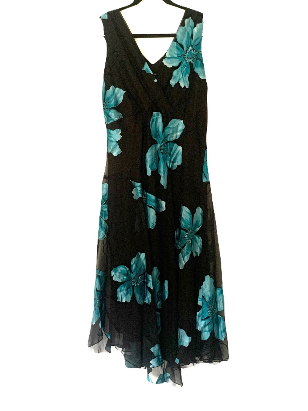 Y2K Black Turquoise Textured Floral Sleeveless V-Neck Dress Fairycore Whimsigoth